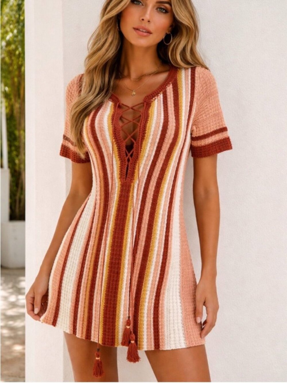 Free People striped BOHO StripedCrochet Knit Lace Up Flare Mini Dress sz XS